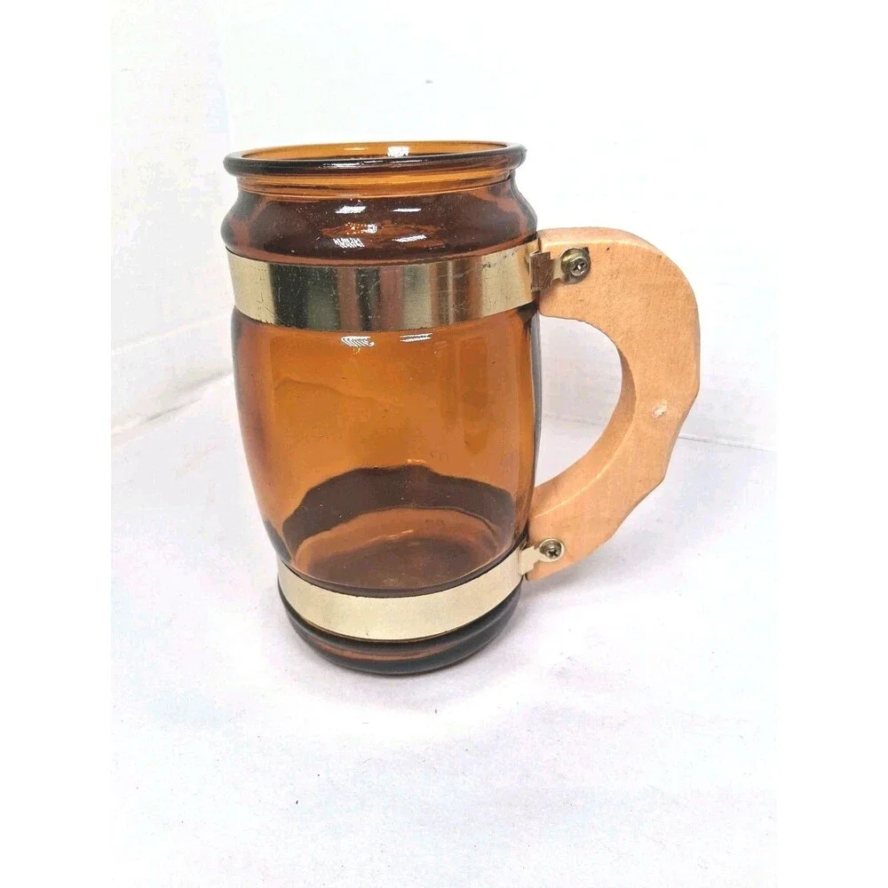 Vintage Amber Glass Beer Mugs Wood Handle Set Of 4 Saloon Mancave